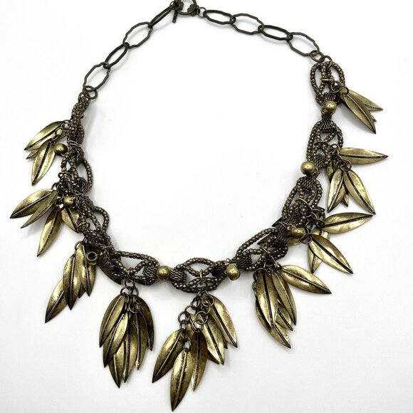 Layered Leaf Dangle Bib Boho Tribal Brass Tone Statement Cluster Necklace Toggle - Picture 1 of 7